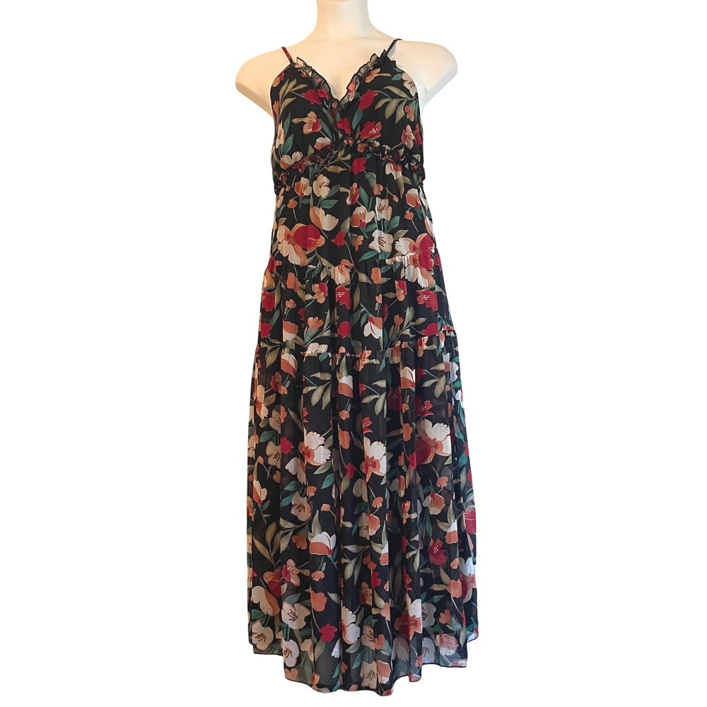 Sheer Maxi Dress Floral Small Dark Academia Wedding Vibrant Indie Boho Tiered